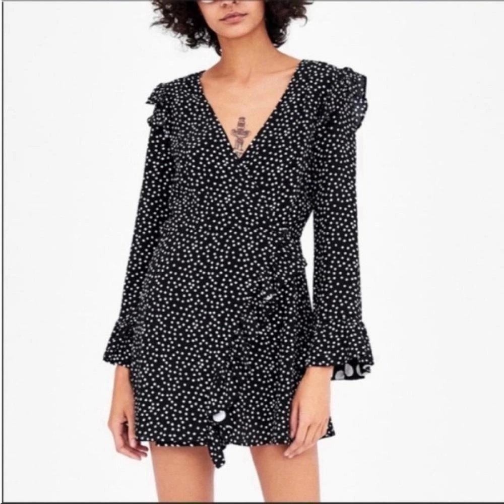 Zara TRF Romper Dress Womens Long Sleeve Black/White Polka Dot Ruffle Size S